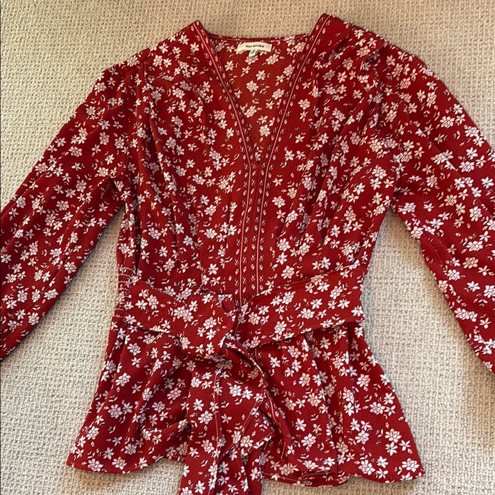 Max Studio Red Ruched Peplum Blouse